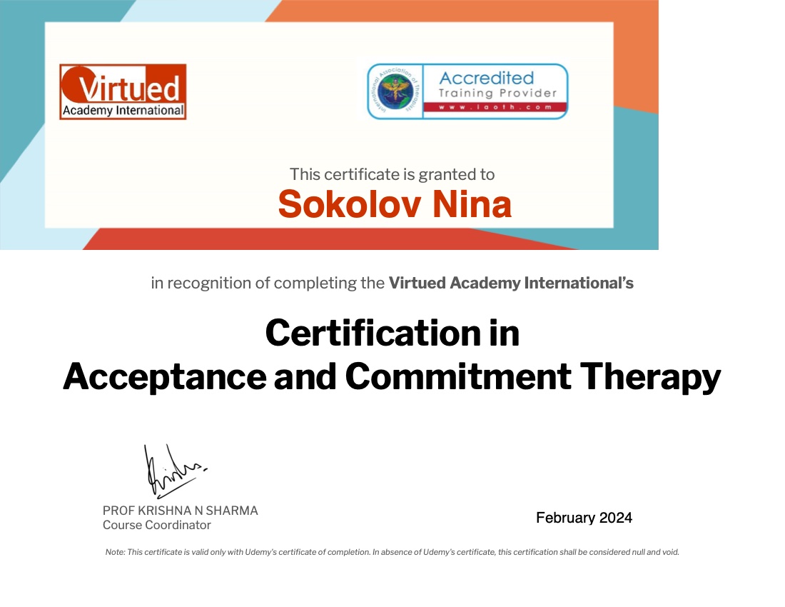 Acceptance and Commitment Therapy certificate