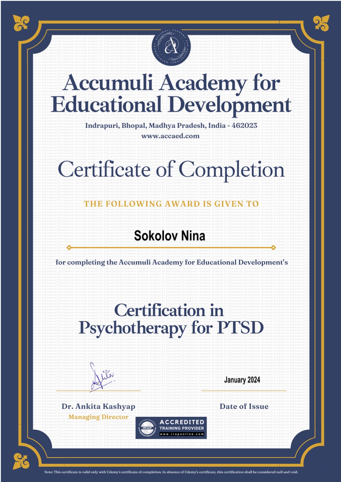 Psychotherapy for PTSD certificate