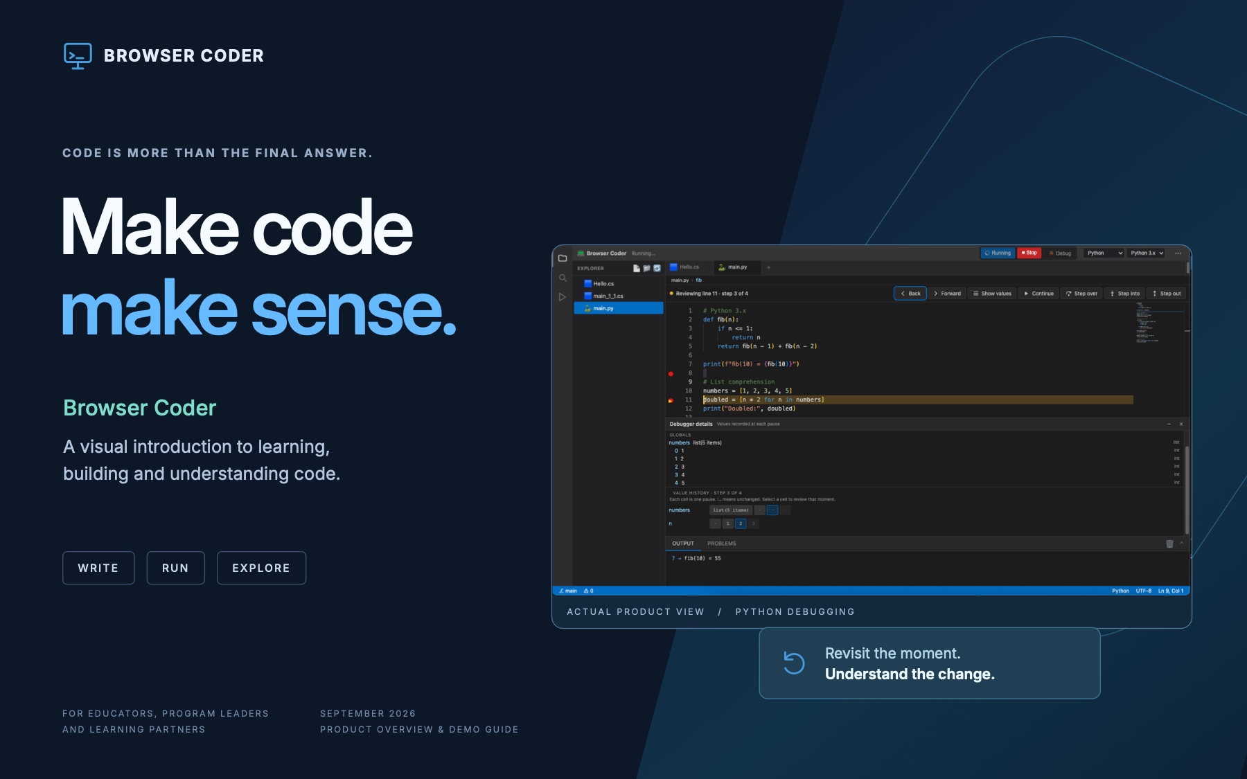 Browser Coder product demo, page 1