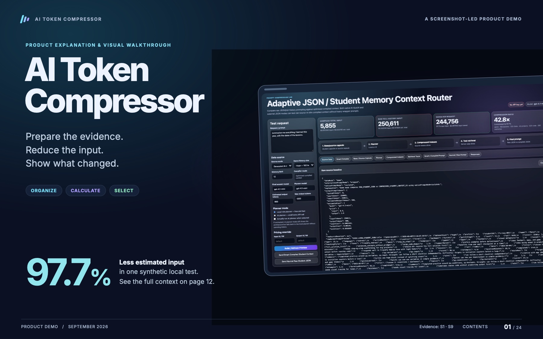 AI Token Compressor visual demo, page 1